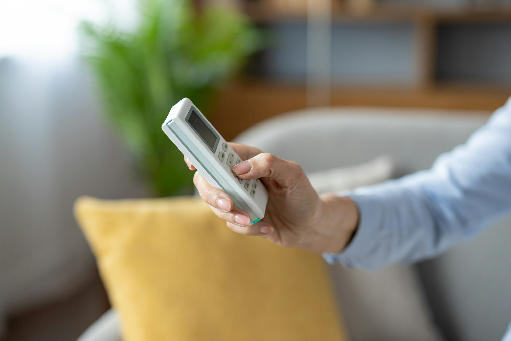 Close-up of a hand holding a remote control in living room