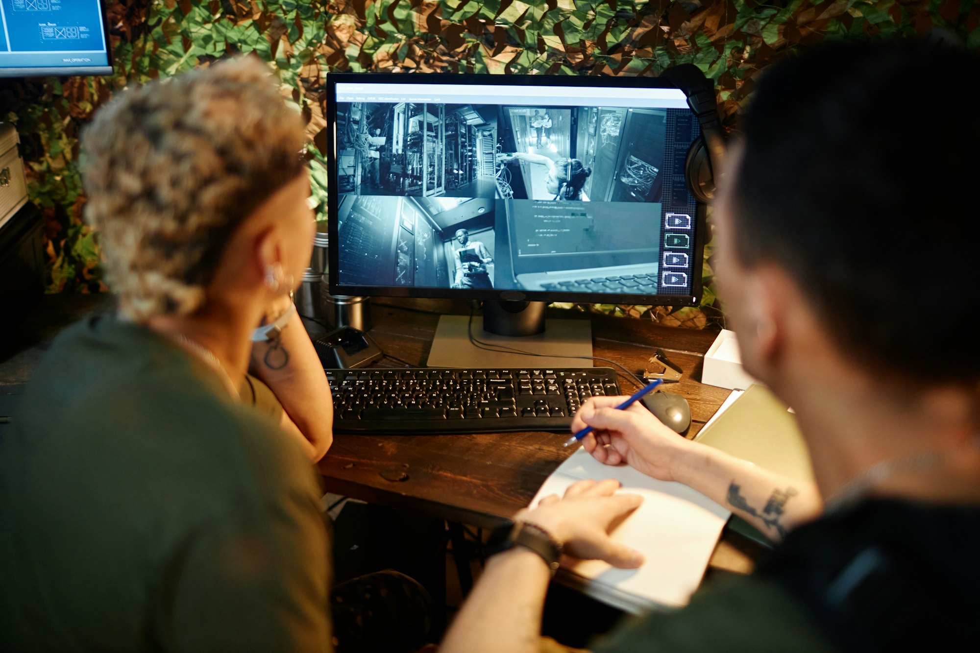 Focus on surveillance camera on computer screen standing on desk