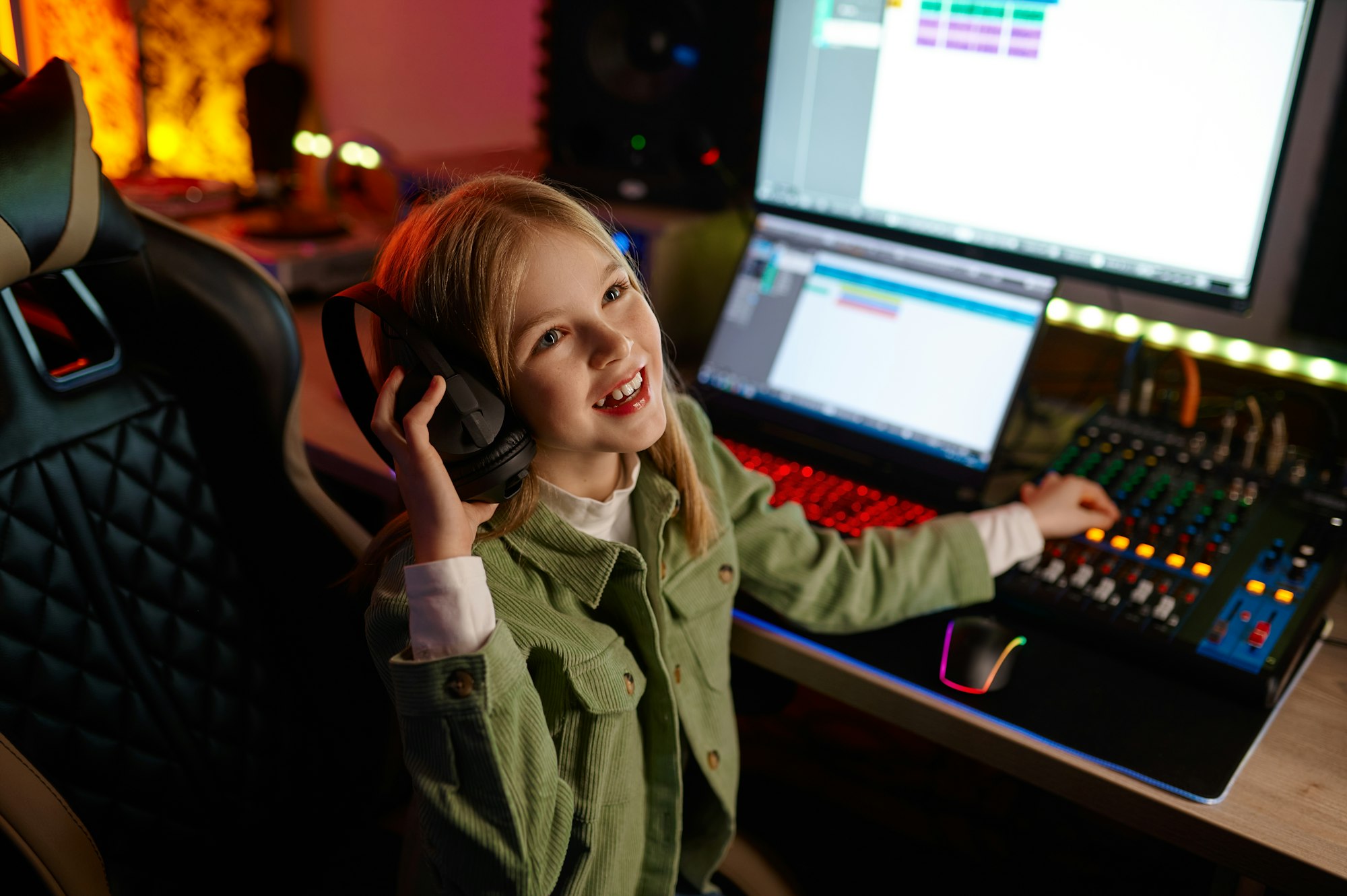 Young audio engineer mixing sound at production house